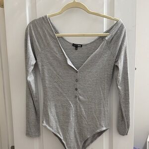 Fashion Nova Ribbed Gray Button-Up Bodysuit